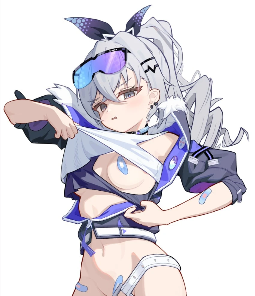 honkai (series), honkai: star rail, silver wolf (honkai: star rail), areola slip, bandaid, bandaids on nipples, black jacket, black ribbon, blush, disgusted look, drill hair, eyewear on head, female, grey eyes, grey hair, groin, hair ribbon, jacket, long hair, looking at viewer, navel, out-of-frame censoring, parted lips, pasties, ponytail, ribbon, shimizu (user hfph8235), shirt, simple background, single bare shoulder, solo, stomach, sunglasses, upper body, white background, white shirt, highres