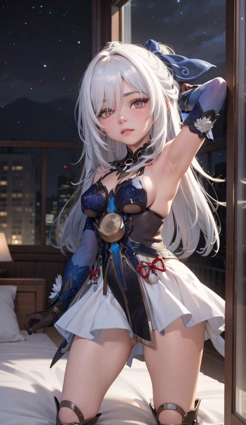 cortezian generations, honkai (series), honkai: star rail, hoyoverse, mihoyo, patreon, jingliu (honkai: star rail), 1girls, armpits, arms up, bare shoulders, blush, boots, clothing, dress, female, gloves, hard nipples, long hair, night sky, no blindfold, sideboob, small breasts, solo, stars, thick thighs, thighs, white hair, young, ai generated, hi res