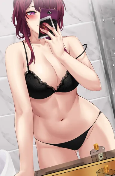 finnjson, honkai (series), honkai: star rail, kafka (honkai: star rail), 1girls, ass visible through thighs, bathroom, black bra, black panties, blush, bottle, bra, breasts, cellphone, female, fingernails, holding, holding object, holding phone, indoors, lace, lace-trimmed bra, lace-trimmed panties, large breasts, mirror, mirror selfie, navel, panties, perfume bottle, purple eyes, purple hair, selfie, stomach, strap slip, underwear, absurdres, highres