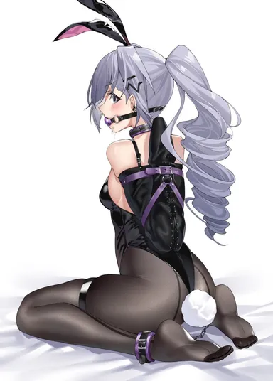 ginklaga, honkai (series), honkai: star rail, hoyoverse, mihoyo, silver wolf (honkai: star rail), 1girls, ankle cuffs, ankles tied, armbinder, arms behind back, arms bound, arms tied, arms tied behind back, ball gag, bdsm, bdsm gear, bdsm harness, bdsm outfit, belt, belt bondage, belt buckle, binder (restraint), black bunny ears, black bunnysuit, black legwear, black leotard, bondage, bound, bound ankles, bound arms, bound legs, bunny costume, bunnysuit, captured, caught, chained, chained ankles, chained legs, chains, choker, choker bell, collar, cuffed, cuffed ankles, defeated, drool, drooling, fake animal ears, fake animal tail, fake bunny ears, fake bunny tail, fake rabbit ears, fake rabbit tail, female, female only, femsub, gag, gagged, gagged female, girl only, hands behind back, harness gag, heels, high heels, kidnapped, kneeling, latex, latex suit, leather, leather clothing, leather collar, leather straps, leg cuffs, legcuffs, leggings, legwear, leotard, light skin, light-skinned female, looking back, on knees, pantyhose, reverse prayer, reverse prayer armbinder, saliva, silver eyes, silver hair, slave, slave collar, slavegirl, small ass, small breasts, small waist, submissive, submissive female, tied, tied arms, tied hair, tied hands, tied legs, tied up, white eyes, white hair, hi res, high resolution, highres, tagme