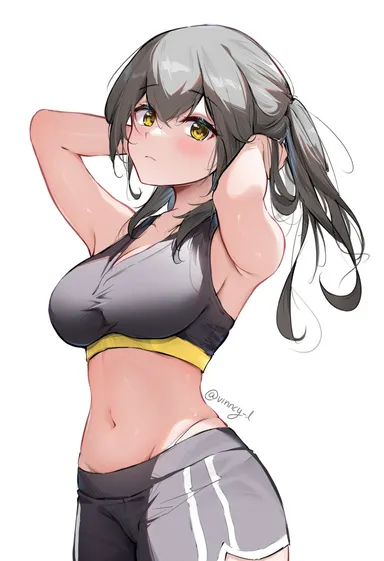 vincent leo, honkai: star rail, stelle (honkai: star rail), 1girls, armpits, arms behind head, bare arms, bare belly, bare midriff, bare shoulders, bare skin, belly, belly button, blush, blushing female, breasts, brown hair, brown hair female, dot nose, elbows, female, female focus, female only, hair between eyes, hands behind head, head tilt, hourglass figure, light skin, light-skinned female, long hair, looking at viewer, medium breasts, navel, shiny skin, sideboob, simple background, slender body, slender waist, slim girl, slim waist, solo, sports bra, sports shorts, sportswear, standing, student, teenager, thin waist, tilted head, twintails, underboob, upper body, v-line, white background, wide hips, yellow eyes, yellow eyes female, absurd res, absurdres, high resolution, highres