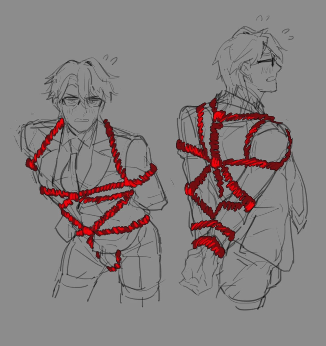 honkai (series), honkai: star rail, welt yang (honkai: star rail), annoyed, annoyed expression, blush lines, bondage, glasses, hands behind back, male only, red rope, rope, rope bondage, suit