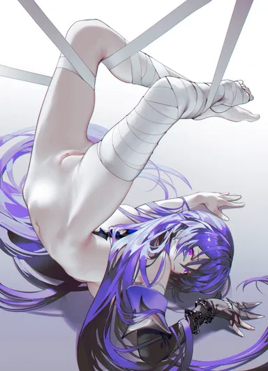 iumu, honkai (series), honkai: star rail, acheron (honkai: star rail), 1girls, bandaged leg, bandages, barefoot, chains, detached sleeves, gloves, gradient background, grey background, long hair, looking at viewer, mechanical spine, navel, nude, partially fingerless gloves, purple eyes, purple hair, pussy, sidelocks, single detached sleeve, suspension, thighs, very long hair, censored, highres, mosaic censoring