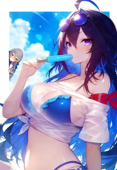 honkai (series), honkai: star rail, bronya rand, seele (honkai: star rail), beach, bikini, ice, icicle, outdoors, popsicle, see-through, sucking, sunglasses on head