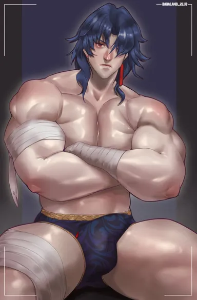 baraland 2lub, honkai: star rail, blade (honkai: star rail), bara, big bulge, blue hair, bulge, looking at viewer, male, male focus, male only, muscles, muscular, muscular male, solo, solo focus, solo male, underwear, underwear only