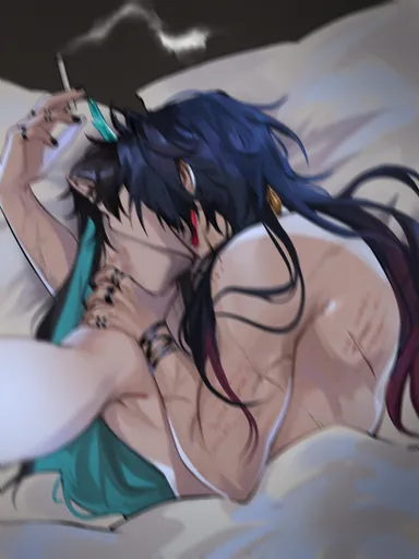 honkai: star rail, blade (honkai: star rail), dan heng, dan heng (imbibitor lunae), 2boys, back muscles, bed, blurry, cigarette, dragon horns, duo, hand on neck, hickey, horns, implied penetration, in bed, indoors, kissing, male/male, motion blur, multicolored hair, naked, picture, scar, scratch marks, scratches, selfie, taking picture, under sheets, yaoi