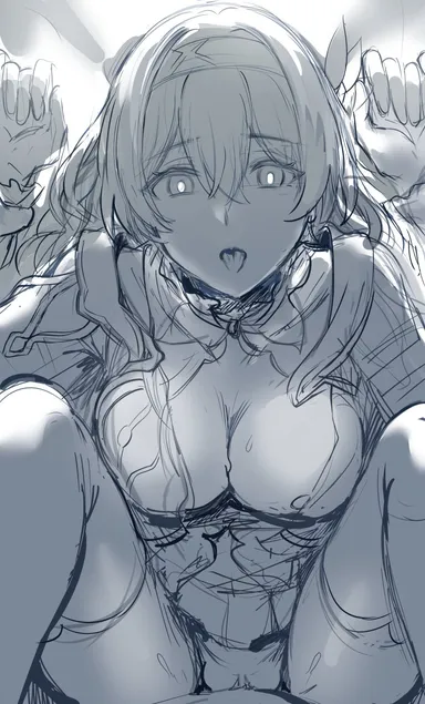 hews, honkai (series), honkai: star rail, firefly (honkai: star rail), 1boy, breasts, bright pupils, female, hair between eyes, hairband, long hair, looking at viewer, medium breasts, nipples, open mouth, pov, sex, solo focus, sweat, thighhighs, white pupils, absurdres, greyscale, highres, monochrome, unfinished