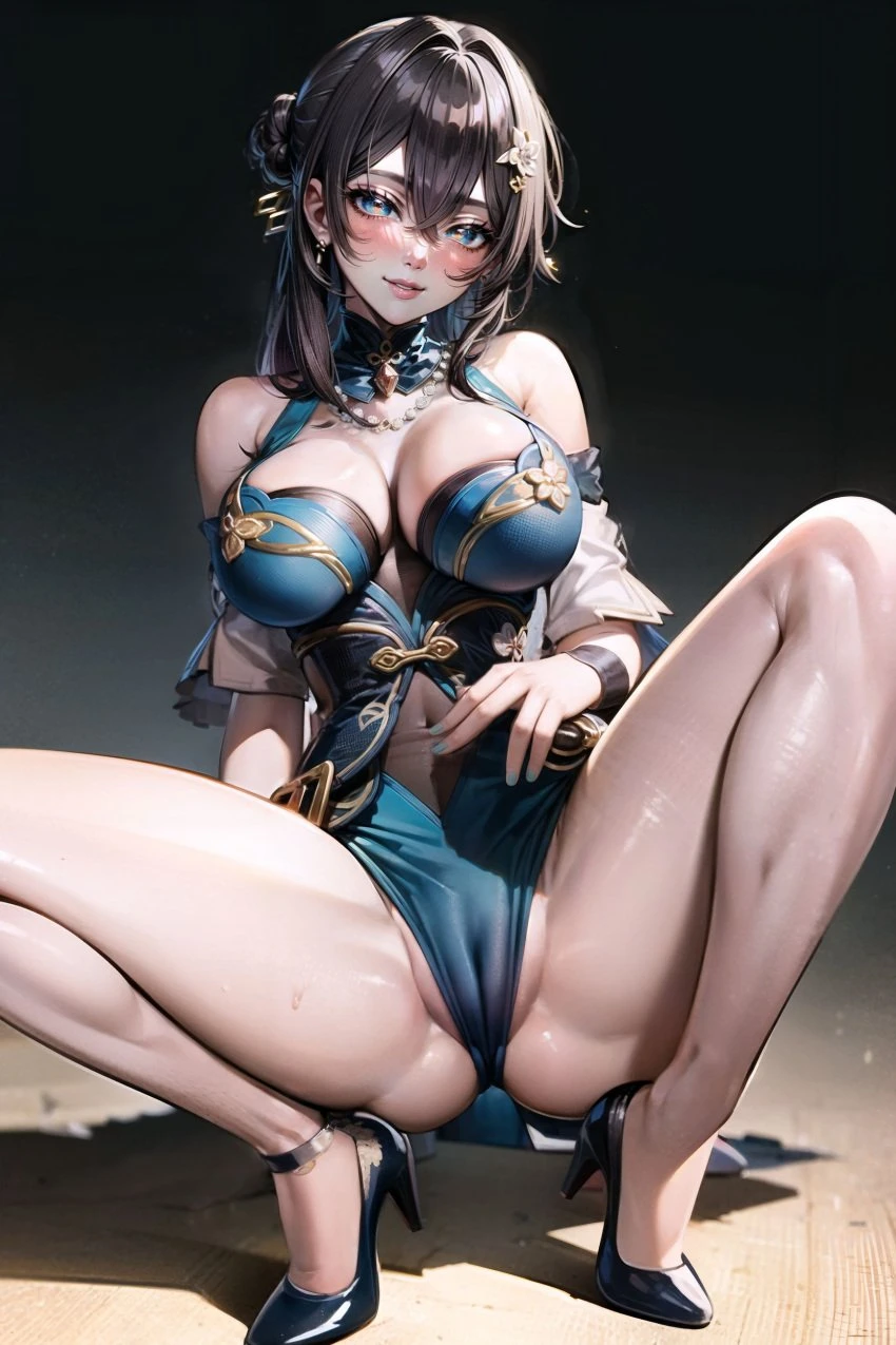 mizaraiart, honkai: star rail, ruan mei (honkai: star rail), 1girls, cameltoe, cleavage, curvy, high heels, large breasts, pussy peek, solo, spread legs, thick thighs, stable diffusion, tagme