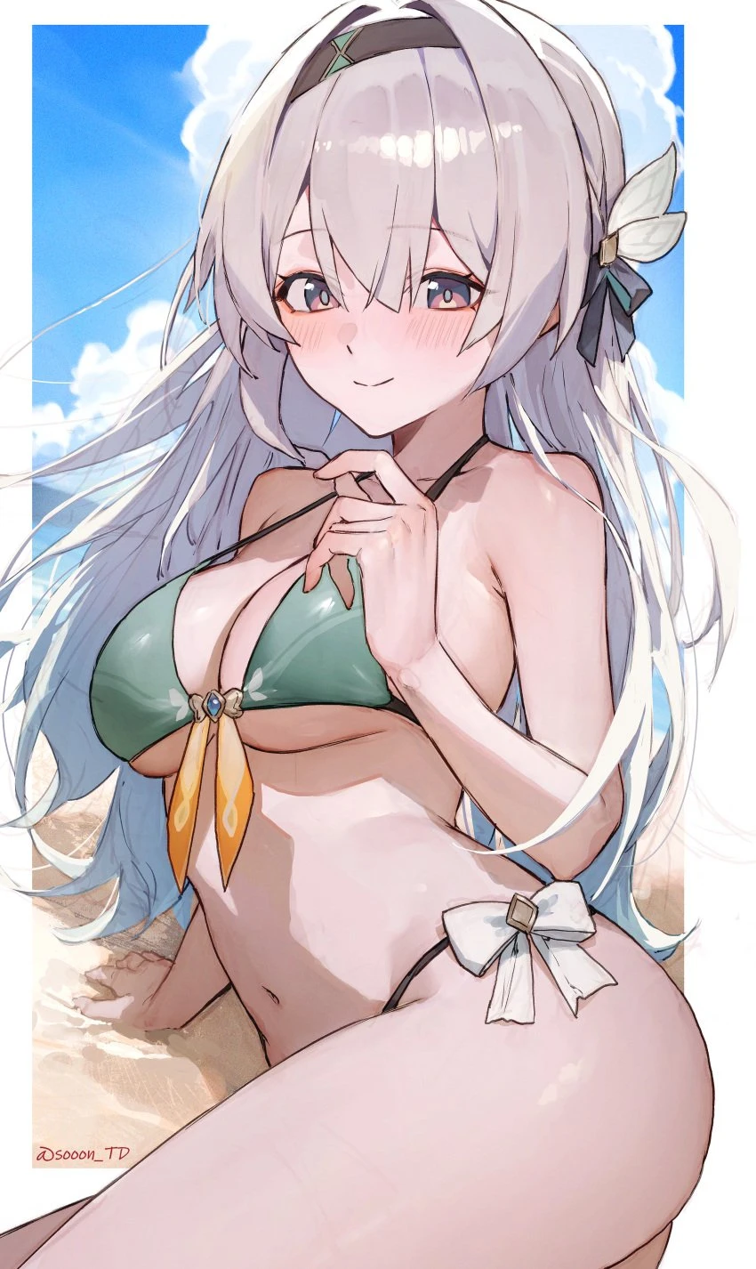 sooon, honkai (series), honkai: star rail, firefly (honkai: star rail), 1girls, arm support, armpits, ass, ass cleavage, bare armpits, bare arms, bare ass, bare back, bare belly, bare butt, bare chest, bare hands, bare hips, bare legs, bare midriff, bare navel, bare shoulders, bare skin, bare thighs, bare torso, beach, belly, belly button, bikini, bikini bottom, bikini only, bikini top, blue sky, breasts, butt crack, butt crack outline, cleavage, clouds, coast, collarbone, day, daylight, daytime, dot nose, elbows, exposed, exposed armpits, exposed arms, exposed ass, exposed back, exposed belly, exposed butt, exposed legs, exposed midriff, exposed shoulders, exposed thighs, exposed torso, eyebrows visible through hair, feet, female, female focus, female only, fingers, front-tie bikini, front-tie bikini top, front-tie top, green bikini, green bikini top, green string bikini, green swimsuit, green swimwear, groin, hair ornament, hair ornaments, half naked, hand on floor, hand on ground, hourglass figure, knees, laying down, laying on floor, laying on ground, laying on side, legs, light skin, light-skinned female, lips, long hair, looking at viewer, medium breasts, naked, naked female, navel, nude, nude female, ocean, outdoor, outdoors, outside, purple eyes, purple eyes female, sand, sea, seaside, shoulders, side-tie bikini, sideboob, silver hair, silver hair female, sky, slender body, slender waist, slim girl, slim waist, smile, smiling, smiling at viewer, soles, solo, string bikini, swimsuit, swimwear, thick thighs, thighs, thin waist, toes, underboob, upper body, v-line, white eyebrows, white hair, white hair female, wide hips, absurd res, absurdres, high resolution, highres