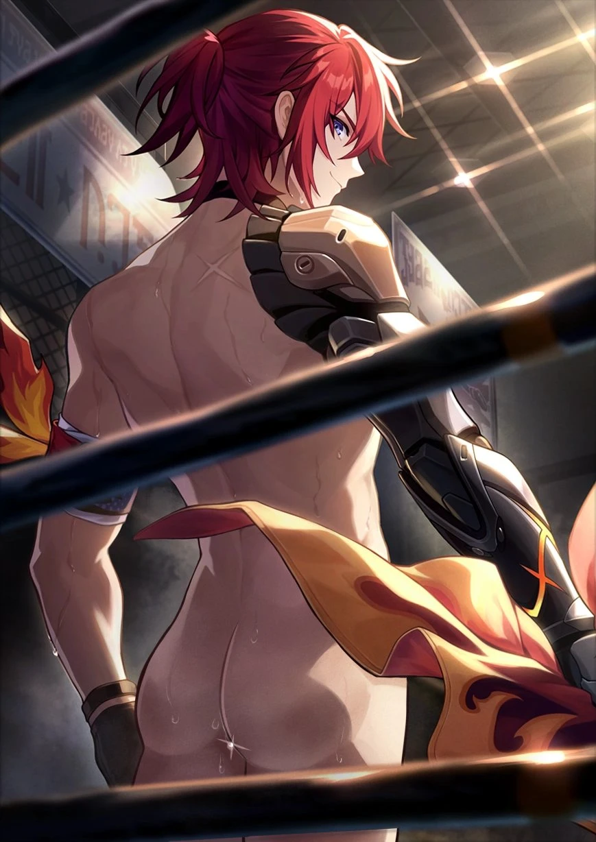 honkai: star rail, luka (honkai: star rail), ass, back view, blue eyes, looking at viewer, looking back, male, male focus, male only, naked, red hair, solo, sweat, edit