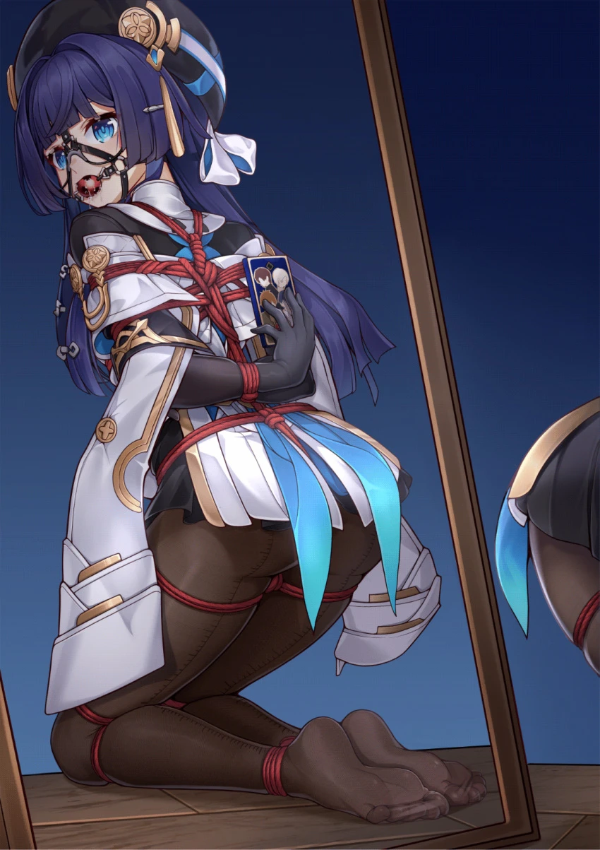 yiduan zhu, honkai: star rail, pela (honkai: star rail), 1girls, ass, blue eyes, blue hair, bondage, female, glasses, kyuso, looking back, mirror, mirror selfie, mouth gag, pantyhose, phone, restrained, selfie, solo, steam, steamy breath, tied up, animated, tagme