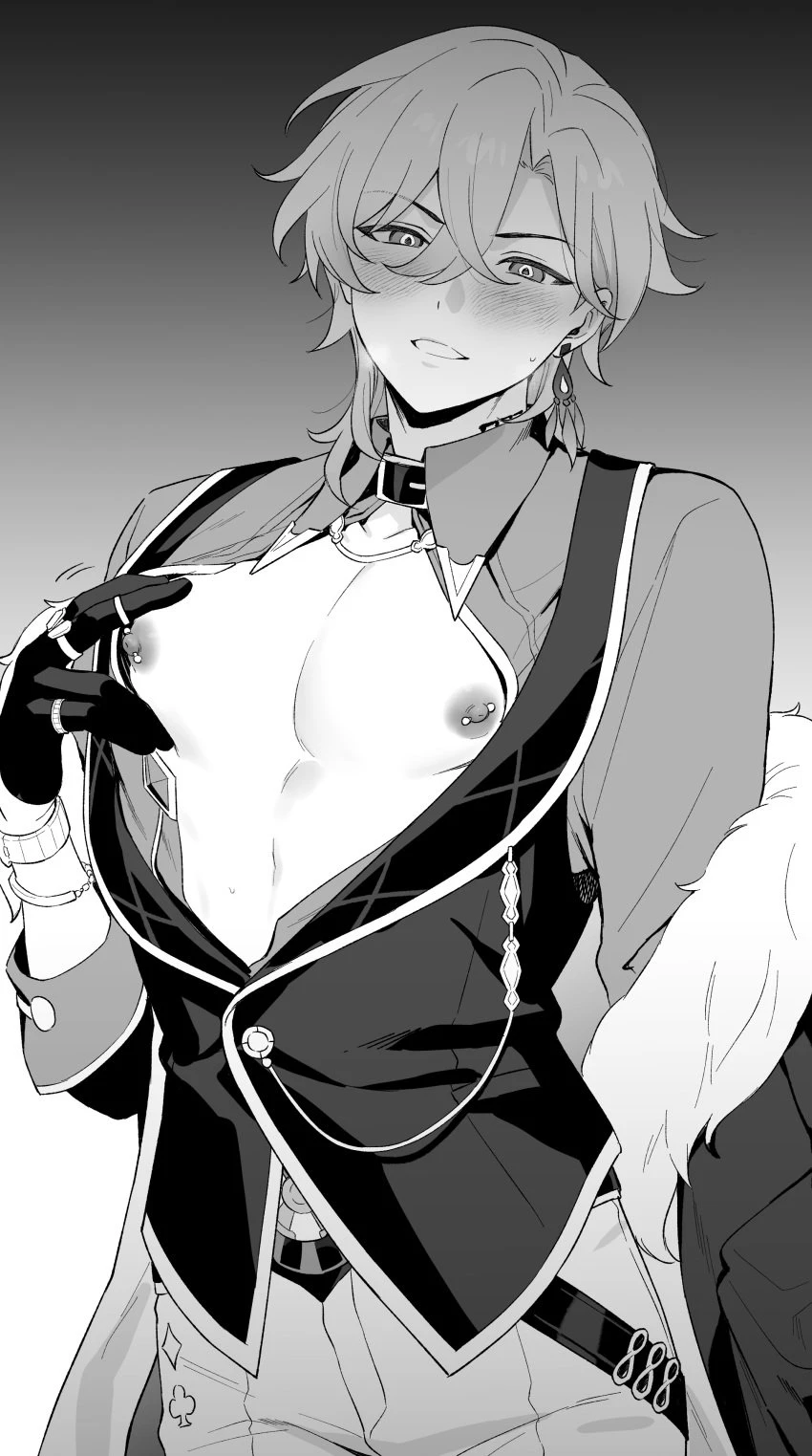 honkai (series), honkai: star rail, aventurine (honkai: star rail), 1boy, blush, earrings, looking at viewer, male only, nipple piercing, nipples, short hair, greyscale, monochrome