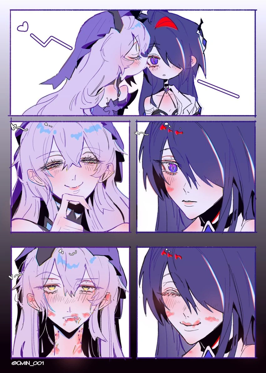 honkai (series), honkai: star rail, hoyoverse, acheron (honkai: star rail), black swan (honkai: star rail), 2girls, bite mark, bite mark on neck, female only, female/female, headwear, kissing, kissing cheek, kissing neck, lipstick, lipstick mark, multiple girls, pink hair, purple eyes, purple hair, rough kiss, smile, yuri