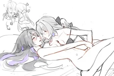 mie xing, honkai: star rail, bronya rand, seele (honkai: star rail), 2girls, blush, bra, closed eyes, female only, fingering, lesbian sex, vaginal, vaginal fingering, yuri