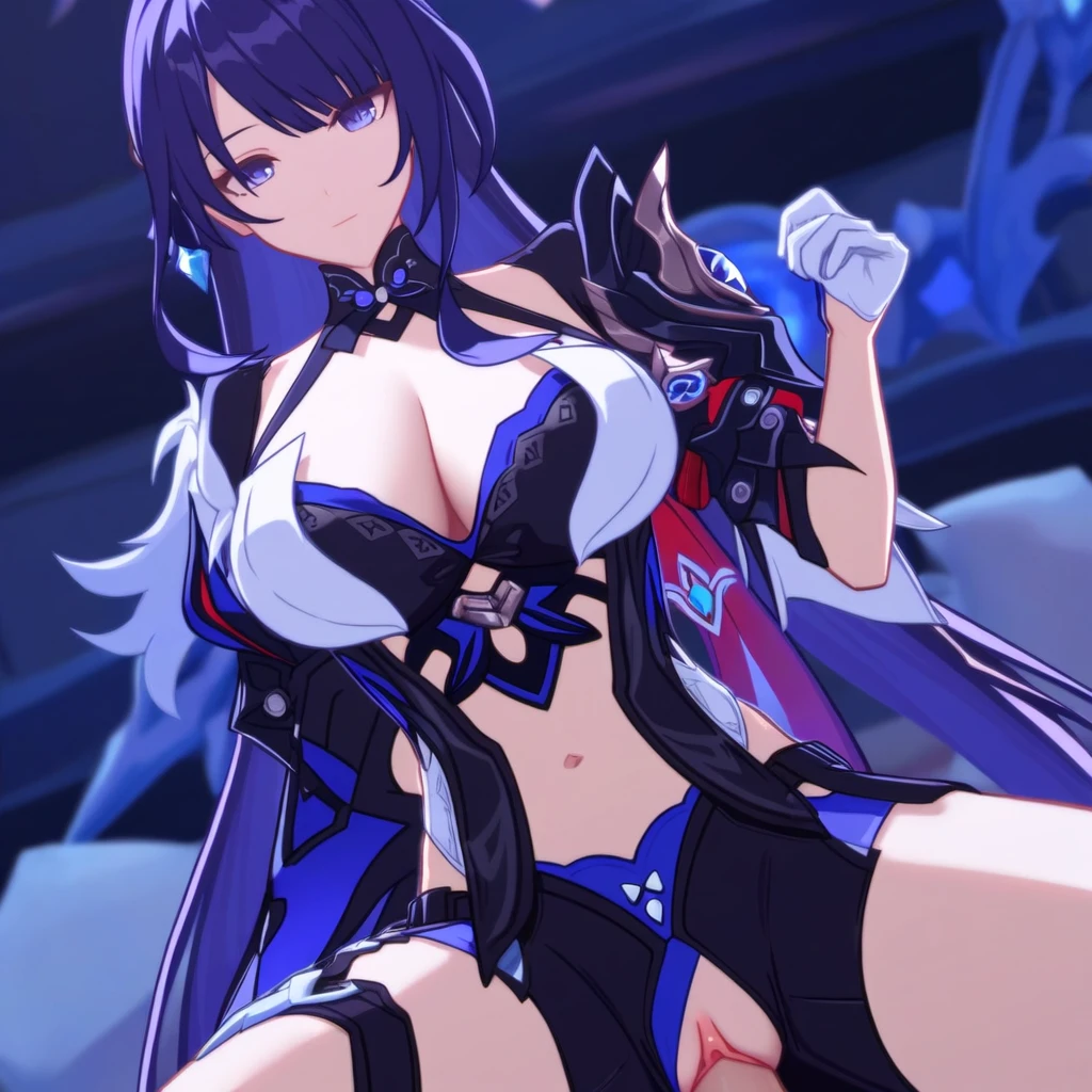 honkai: star rail, acheron (honkai: star rail), cleavage, female, large breasts, midriff, penis, purple eyes, purple hair, pussy, sex, ai generated, nai diffusion