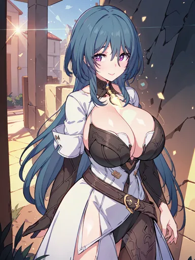 kakaiart, honkai (series), honkai: star rail, natasha (honkai: star rail), 1girls, arm gloves, bangs, belt, big breasts, blue hair, blush, bra, breasts, cleavage, doctor, gloves, labcoat, large breasts, light skin, light-skinned female, long hair, looking at viewer, necklace, outdoors, purple eyes, sideboob, sidelocks, skin tight, skindentation, solo, ai generated