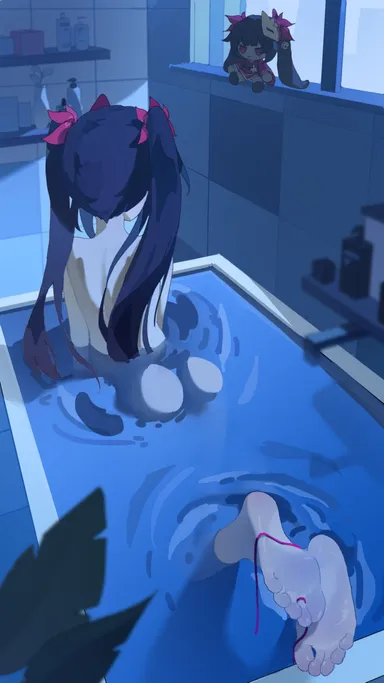 honkai (series), honkai: star rail, sparkle (doll) (honkai: star rail), sparkle (honkai: star rail), ass, barefoot, bathroom, bathtub, black hair, blurry, completely nude, feet, feet up, female, fox mask, from behind, looking at object, mask, mi si lei da ke, nude, plant, potted plant, shampoo bottle, shelf, soles, tile wall, tiles, toes, twintails, blurry background, highres