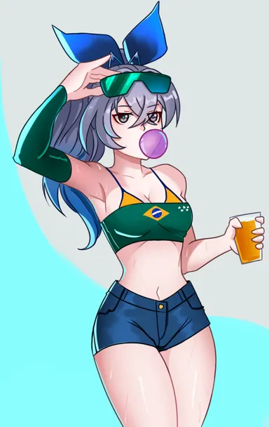 zaplock13, honkai: star rail, silver wolf (honkai: star rail), 1girls, abs, bikini top, brazilian flag, drink, gray eyes, gray hair, hair tie, legs together, looking at viewer, ponytail, short shorts, small breasts, sweat, sweatdrop, tubetop, white skinned female, absurd res, absurdres