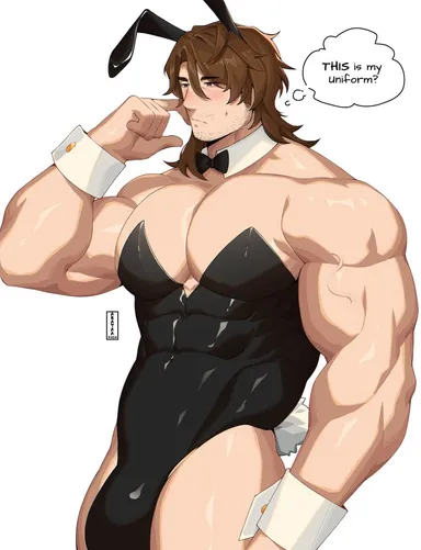 arataa shin, honkai (series), honkai: star rail, gallagher (honkai: star rail), 1boy, abs, bara, bara tiddies, bara tits, blush, bowtie, bulge, bunny ears, bunnysuit, male, male only, muscular, muscular male, solo, solo male