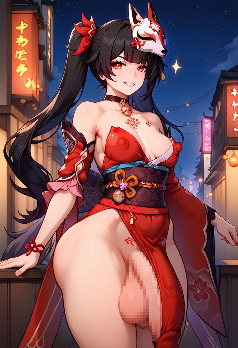 shinkoritl, honkai (series), honkai: star rail, sparkle (honkai: star rail), 1futa, armpits, big ass, big butt, big penis, choker, dark hair, exposed penis, flaccid, futanari, huge ass, huge balls, huge cock, kimono, looking at viewer, medium breasts, mischievous smile, public exposure, red eyes, smile, solo, solo focus, solo futa, standing, tattoo, thick ass, thick thighs, wide hips, ai generated, censored