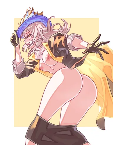 misslewd, honkai: star rail, stelle (honkai: star rail), areolae, ass, breasts, hat, jacket, looking at viewer, looking back, nipples, skirt, skirt down, thick thighs