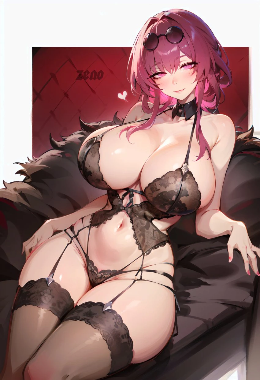 honkai (series), honkai: star rail, kafka (honkai: star rail), 1girls, breasts, cleavage, eyewear on head, female, hips, huge breasts, light skin, light-skinned female, lingerie, long hair, naughty face, purple eyes, purple hair, thick thighs, thighs, wide hips, ai generated