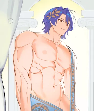 honkai: star rail, dr. ratio (honkai: star rail), abs, arms, chest, completely nude, male, male chest, male focus, male only, muscles, muscular, muscular male, nipples, pecs, pectorals, purple hair, smile, solo, solo focus, solo male, no visible genitalia