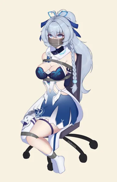 sugarvoids, genshin impact, honkai (series), honkai impact, honkai impact 3, honkai impact 3rd, honkai: star rail, hoyoverse, shigure kira, blue dress, blue eyes, blue hair, blush, bondage, bondage chair, chair, cleavage, cute, cute expression, cute face, distress, dress, female, flustered, girly, helpless, huffing, kidnapped, kidnapping, looking at viewer, looking up, ponytail, restrained, ribbon, ribbons, scared, scared expression, scared face, shy, sitting, sitting on chair, tape, tape gag, taped arms, taped legs, taped mouth, taped to chair, twintails, unable to speak