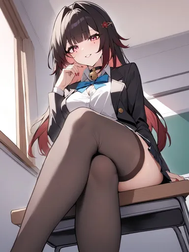 honkai: star rail, sparkle (honkai: star rail), 1girls, big breasts, brown hair, choker, clothing, legwear, long hair, naughty face, pink eyes, school uniform, seductive, skirt, teasing, thick thighs, voluptuous, ai generated, hi res