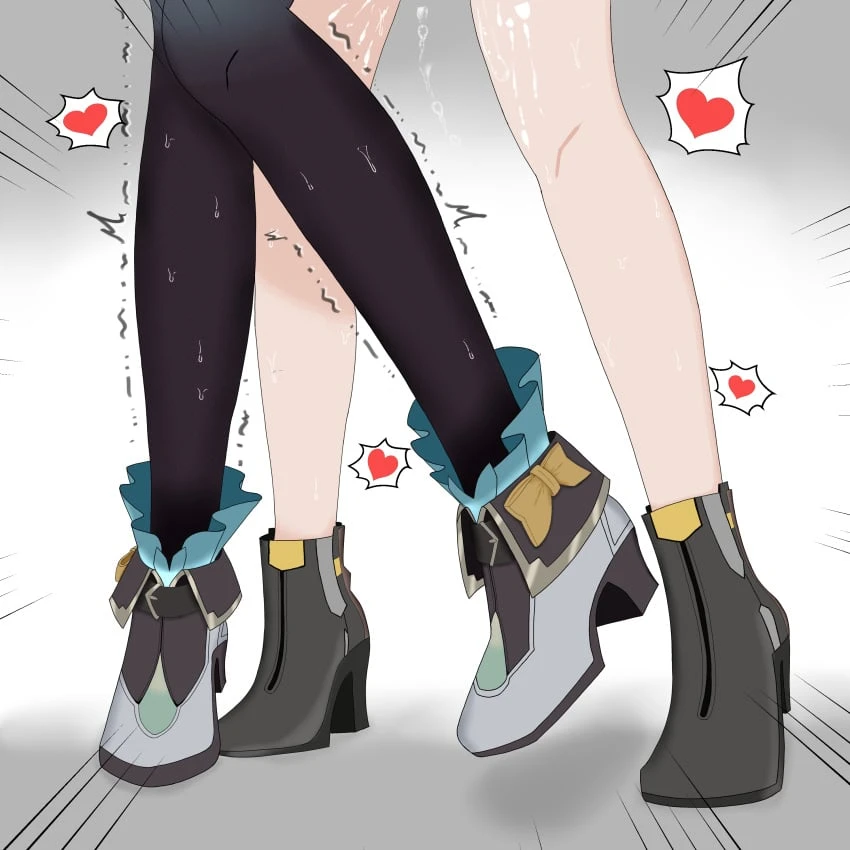 ryuuji 29, honkai (series), honkai: star rail, firefly (honkai: star rail), stelle (honkai: star rail), 2girls, black footwear, black thighhighs, emphasis lines, futanari, grey footwear, heart, high heels, implied futanari, implied sex, knees together feet apart, legs apart, motion lines, multiple girls, out of frame, simple background, spoken heart, standing, standing on one leg, suggestive fluid, thighhighs, trailblazer (honkai: star rail), absurdres, highres