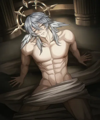 miiririu, honkai: star rail, sunday (honkai: star rail), 1boy, abs, blue hair, covering crotch, curtains, eight pack, gay, gold earrings, gold jewelry, halo, head wings, male, male only, muscles, muscular, muscular male, naked, naked male, nipples, nude, nude male, on floor, on ground, on knees, pecs, pectorals, pillar, pubes, pubic hair, sitting on floor, vein, veins, veiny, wings, yaoi, yellow eyes, hi res, high resolution, highres, no visible genitalia