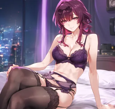 waifulover, honkai: star rail, kafka (honkai: star rail), 1girls, arm support, bangs, bare arms, bare shoulders, bed, bed sheet, black legwear, black thighhighs, black underwear, bra, breasts, cleavage, closed mouth, clothing, curtains, curvaceous, curvaceous female, curvaceous figure, curvy, curvy figure, eyewear, eyewear on head, female, female focus, female only, garter belt, glasses, hair between eyes, half-closed eyes, hand on own knee, indoors, lace trim, lace-trimmed bra, large breasts, legwear, lingerie, long hair, looking at viewer, medium breasts, navel, night, on bed, pantsu, pillow, purple bra, purple eyes, purple hair, purple panties, purple underwear, sidelocks, sitting, smile, solo, stomach, sunglasses, thighhighs, thighs, underwear, underwear only, voluptuous, voluptuous female, window, ai generated