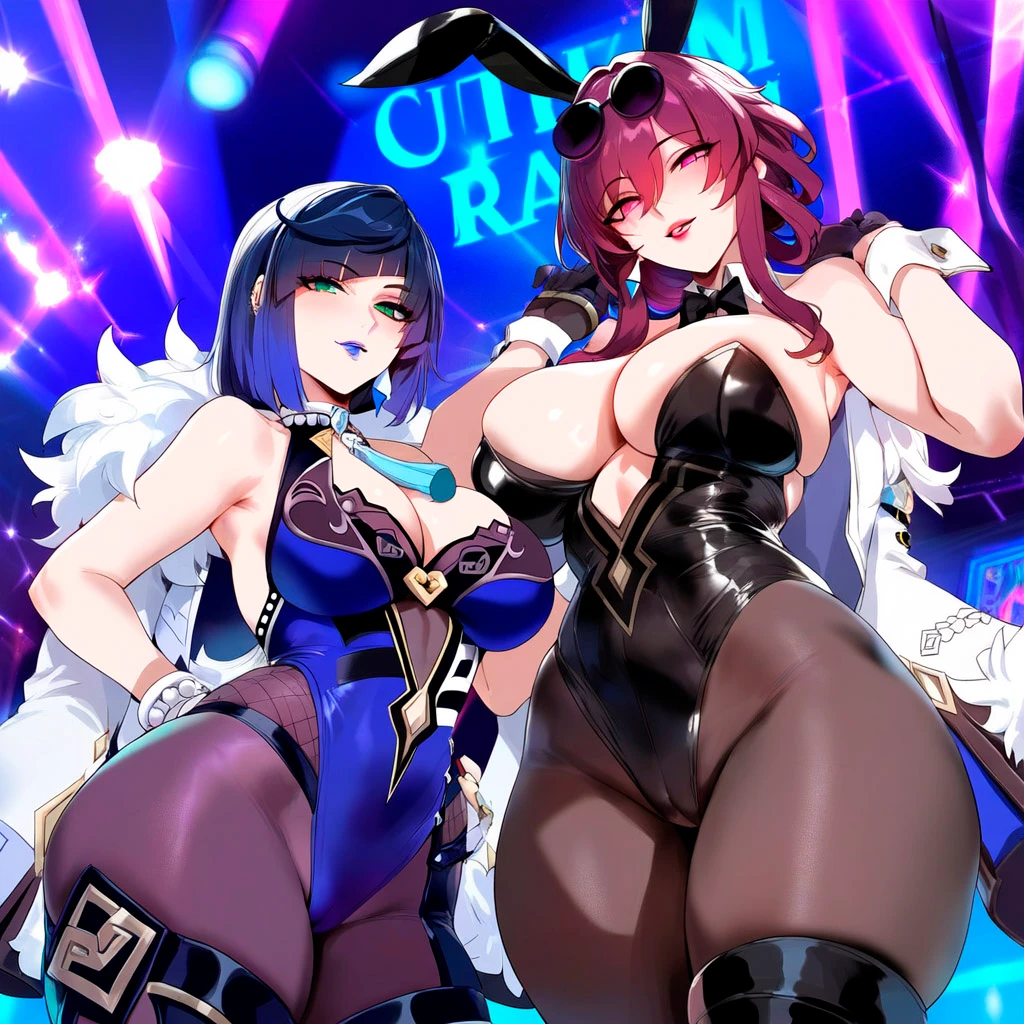 depressu, genshin impact, honkai: star rail, kafka (honkai: star rail), yelan (genshin impact), 2girls, bangs, bare shoulders, black leotard, bunny ears, bunny tail, bunnysuit, cleavage, covered navel, eyewear on head, gloves, green eyes, large breasts, leotard, light skin, light-skinned female, long hair, looking at viewer, mature female, playboy bunny, purple hair, strapless, strapless leotard, thick thighs, thighhighs, thighs, wrist cuffs, ai generated