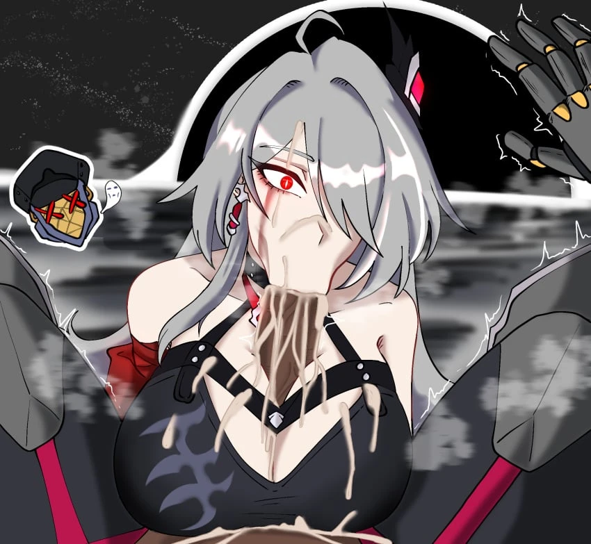 honkai: star rail, acheron (honkai: star rail), :>=, 1boy, 1girls, blowjob, cum, cum in mouth, cum on face, draining, leaking cum, looking at viewer, paizuri, pov, struggling, titjob