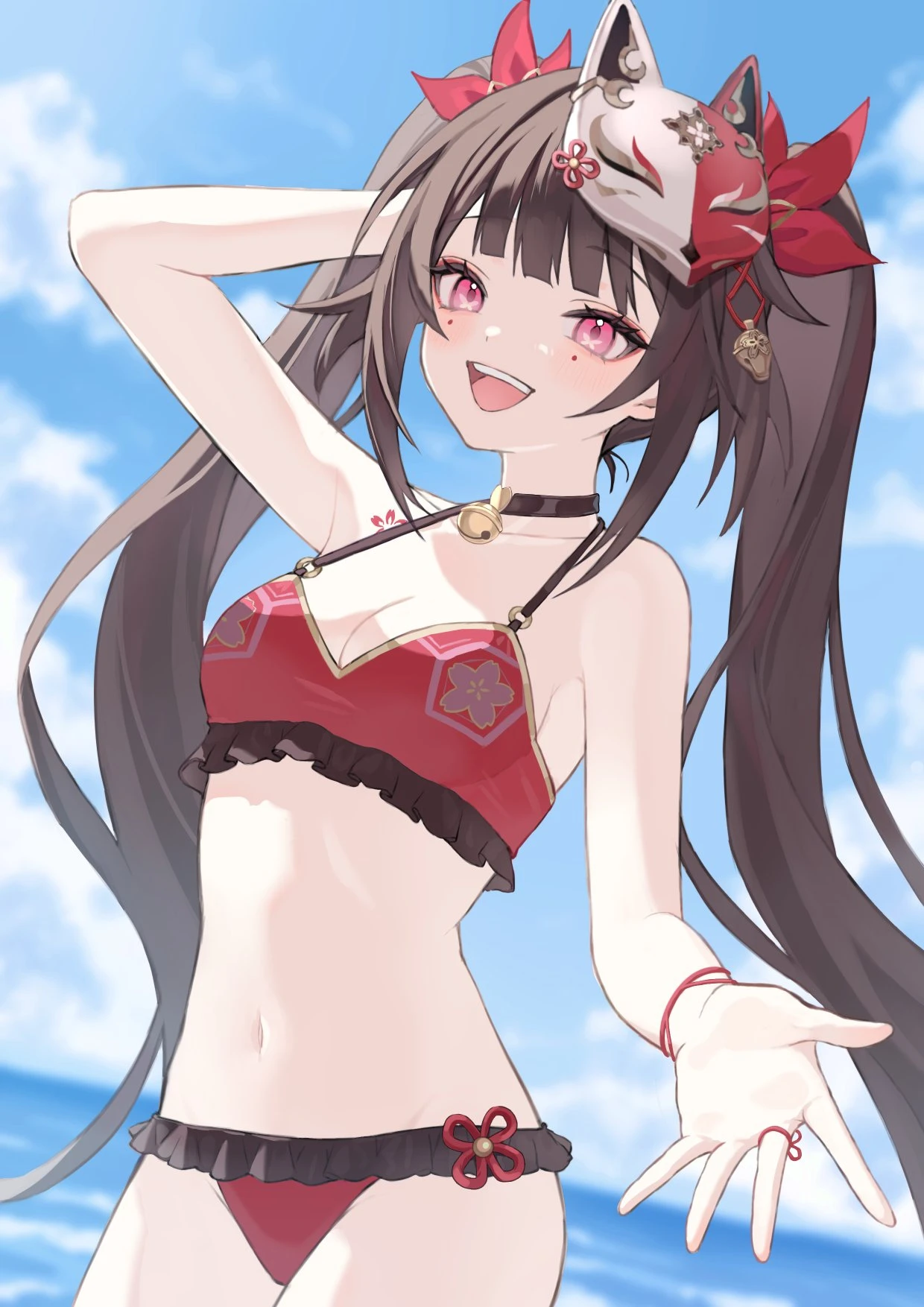 artist request, honkai (series), honkai: star rail, sparkle (honkai: star rail), 1girls, 2d (artwork), alternate costume, arm behind head, belly button, bikini, bikini bottom, bikini top, brown hair, clouds, day, female, female focus, female only, fox mask, front view, long hair, looking at viewer, mask, mask on head, medium breasts, navel, ocean, outdoors, pigtails, pink eyes, red bikini, red bikini bottom, red bikini top, red swimsuit, sky, slim girl, smiling, smiling at viewer, solo, solo female, solo focus, standing, summer, swimsuit, two piece swimsuit, water, young, younger female, 2d, high resolution, highres