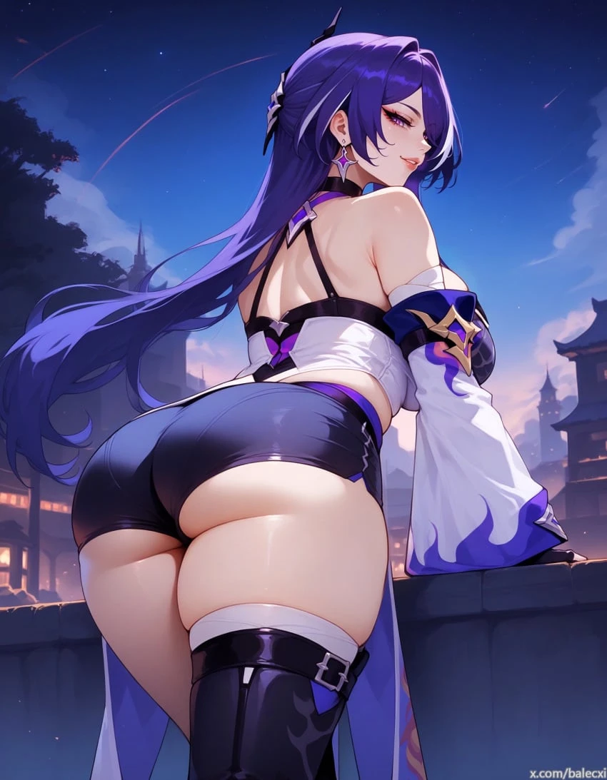 balecxi, honkai: star rail, acheron (honkai: star rail), from behind, from below, hair over one eye, huge ass, large breasts, long hair, looking at viewer, looking back, looking down, purple eyes, purple hair, ai generated