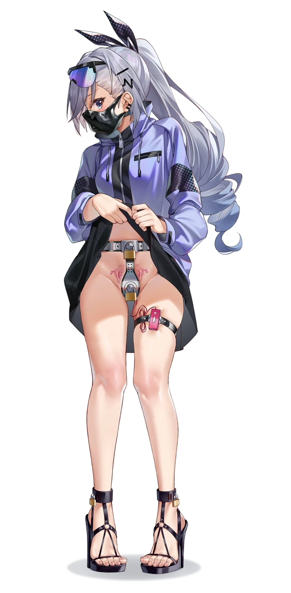 ginklaga, honkai (series), honkai: star rail, silver wolf (honkai: star rail), black skirt, breasts, chastity belt, clothes lift, eyewear on head, female, full body, grey eyes, grey hair, hair ornament, hair ribbon, hairclip, high heels, jacket, lifted by self, lock, long hair, long sleeves, looking at viewer, mask, mouth mask, padlock, pleated skirt, ponytail, pubic tattoo, remote control vibrator, ribbon, sex toy, simple background, skindentation, skirt, small breasts, solo, standing, sunglasses, tattoo, thigh strap, underwear, vibrator, vibrator in thigh strap, white background, zipper, zipper pull tab, highres, paid reward available