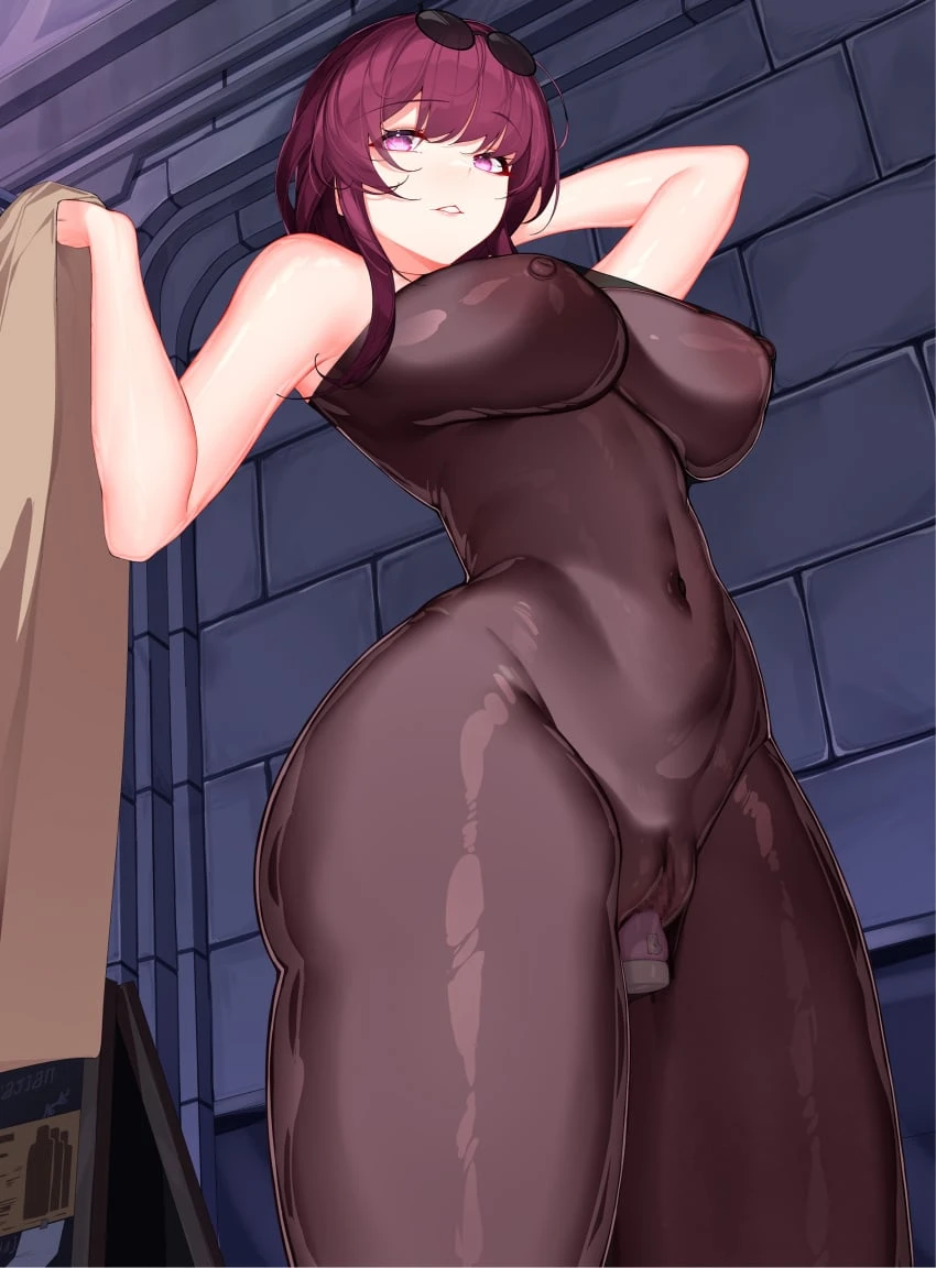 honkai (series), honkai: star rail, kafka (honkai: star rail), arm up, bare arms, bare shoulders, black bodysuit, bodysuit, breasts, building, coat, covered navel, cowboy shot, dildo, exhibitionism, eyewear on head, from below, holding, holding clothes, holding coat, langya beike, large breasts, long hair, nipples, object insertion, public indecency, purple eyes, purple hair, pussy, see-through, sex toy, unworn coat, vaginal object insertion, vaginal penetration, absurdres, highres