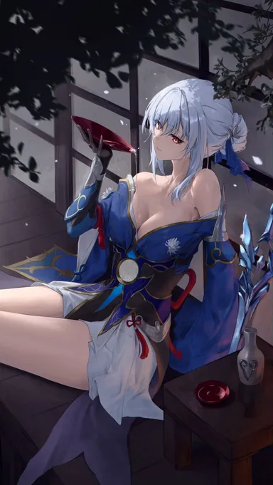 honkai: star rail, jingliu (honkai: star rail), blue ribbon, chinese clothes, medium breasts, red eyes, sake cup, white hair