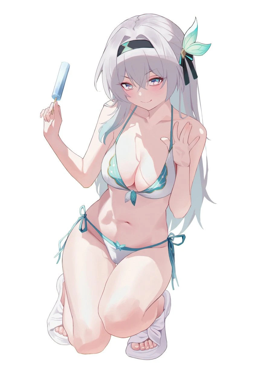 honkai (series), honkai: star rail, firefly (honkai: star rail), 1girls, bare legs, bikini, black bow, black hairband, blue eyes, bow, breasts, cleavage, female, female focus, female only, food, front-tie bikini top, front-tie top, gradient hair, green hair, green pupils, groin, hair between eyes, hair intakes, hair ornament, hairband, hairbow, holding, holding food, holding popsicle, large breasts, lishu (2013547716), long hair, looking at viewer, multicolored hair, popsicle, side-tie bikini bottom, smile, solo, solo female, squatting, swimsuit, toeless footwear, white background, white bikini, white footwear, white hair, absurdres, commentary request, highres, partial commentary, simple background