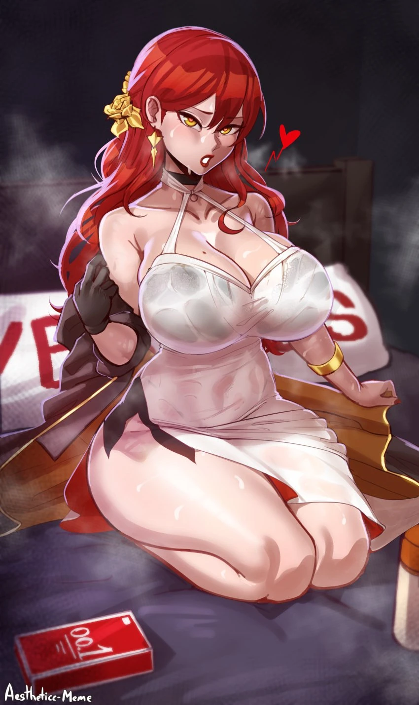 aestheticc-meme, honkai (series), honkai: star rail, himeko (honkai: star rail), 1girls, breasts, female, hips, huge breasts, long hair, red hair, sweat, sweaty body, thick thighs, thighs, wide hips, yellow eyes, hi res