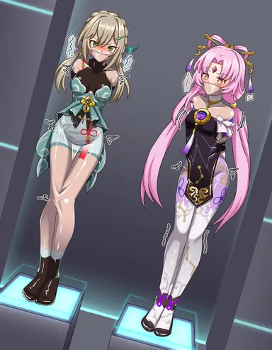 honkai (series), honkai: star rail, fu xuan (honkai: star rail), qingque (honkai: star rail), angry, angry face, beige hair, bondage, gag, gagged, purple hair, rubber, rubber suit, tied up