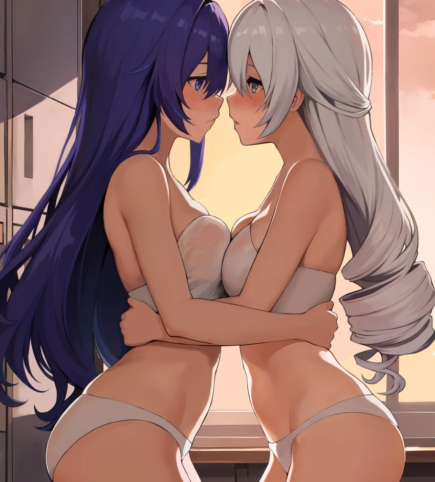 mikhdrag, honkai (series), honkai: star rail, bronya rand, seele (honkai: star rail), 2girls, blush, bra, breasts, duo, grey eyes, indoors, light skin, light-skinned female, long hair, medium breasts, multiple girls, panties, purple hair, standing, symmetrical docking, white bra, white hair, white panties, yuri, hi res