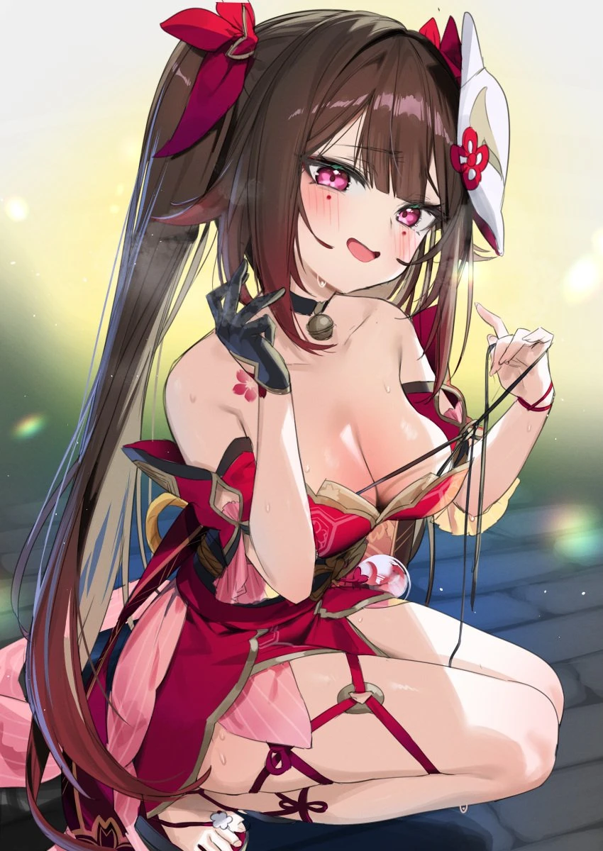 itohana, honkai (series), honkai: star rail, hoyoverse, mihoyo, sparkle (honkai: star rail), bare shoulders, blush, blush lines, breasts, brown hair, cute, cute expression, cute eyes, cute face, cute girl, dress, glove, horny female, imminent cumshot, legs, legwear, long hair, magenta eyes, necklace, neckwear, no bra, ornament, perfect breasts, red dress, red eyes, round breasts, sitting, sunburn, sweat, sweatdrop, sweating, sweaty, sweaty body, thick, thick body, twintails, absurd res