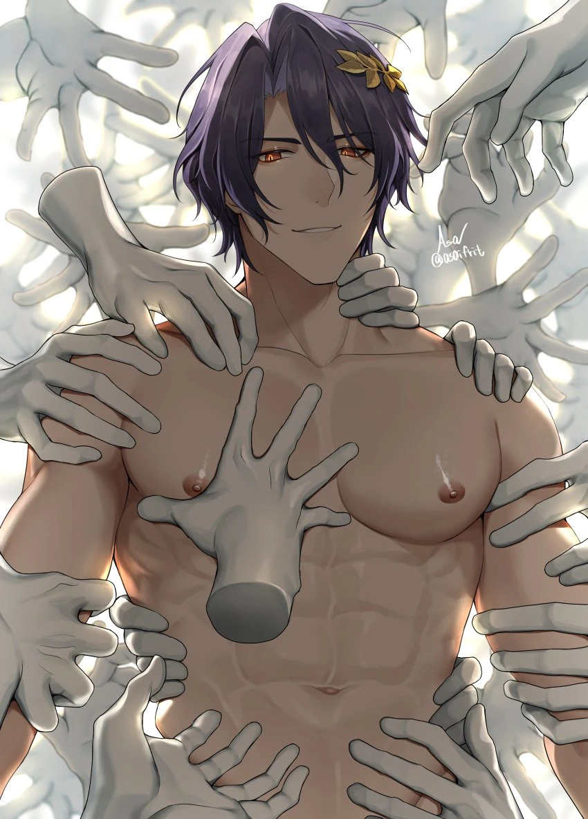 asaifrit, honkai: star rail, dr. ratio (honkai: star rail), 1boy, abs, glowing eyes, hand, many hands, muscular, muscular male, purple hair, sculpture, squeezing breast, touching body