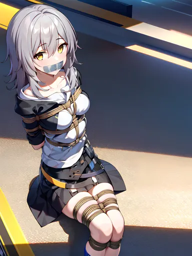 honkai: star rail, stelle (honkai: star rail), arms tied behind back, blush, bondage, bound legs, gag, gagged, grey hair, looking at viewer, sitting, tape gag, yellow eyes, ai generated