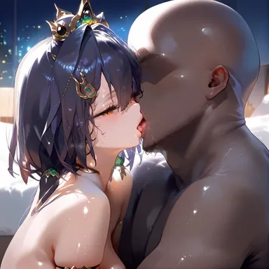 fuwako, honkai: star rail, yunli (honkai: star rail), 1girls, bed, bedroom, dark-skinned male, faceless male, french kiss, gold eyes, interracial, kissing, naked, navy blue hair, nude, saliva, shiny skin, tiara, tongue, tongue kiss, ai generated