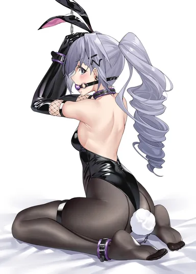 ginklaga, honkai (series), honkai: star rail, silver wolf (honkai: star rail), animal ears, ass, ball gag, bare shoulders, bed sheet, black gloves, black leotard, bound, bound wrists, breasts, brown pantyhose, drill hair, ear piercing, fake animal ears, fake tail, female, fishnet gloves, fishnets, gag, gagged, gloves, hands up, leotard, long hair, looking back, medium breasts, no shoes, o-ring, pantyhose, piercing, ponytail, rabbit ears, rabbit tail, restrained, shiny clothes, sideways glance, sitting, skindentation, tail, thigh strap, wariza, white background, highres, simple background