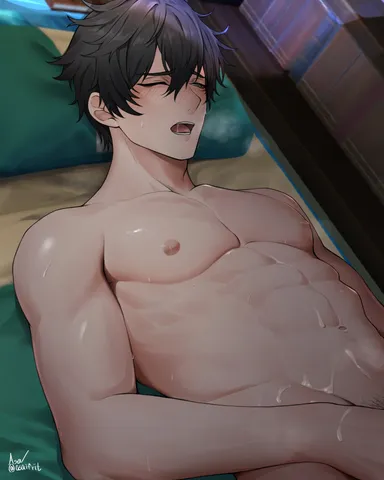 asaifrit, honkai (series), honkai: star rail, dan heng, 1boy, abs, black hair, blush, cum, cumming, lying, male focus, male only, masturbation, muscular, muscular male, navel, nipples, nude, one eye closed, open mouth, pubic hair, short hair, solo, highres