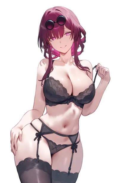 setsuaiart, honkai: star rail, kafka (honkai: star rail), ass visible through thighs, bare arms, bare belly, bare shoulders, belly button, big breasts, black bra, black panties, black thighhighs, bra, breasts, cleavage, collarbone, earrings, garter belt, garter straps, hand on own thigh, lace-trimmed bra, lace-trimmed panties, lingerie, long hair, mature female, panties, parted lips, purple eyes, purple hair, shiny skin, smile, strap pull, sunglasses on head, thighhighs, thighs, underwear, zettai ryouiki, ai generated